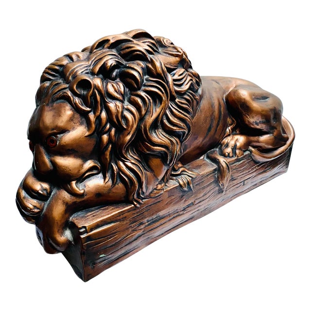 Mid-Century Modern Large Lion Copper Painted Ceramic Figurine Glass Eyes Signed He For Sale