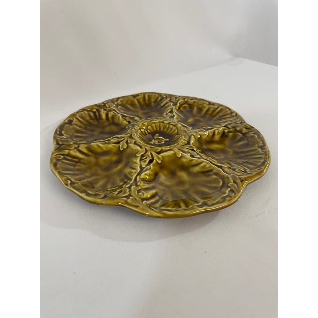 Gien 1950s French Gien Majolica Olive Green Oyster Plate For Sale - Image 4 of 14