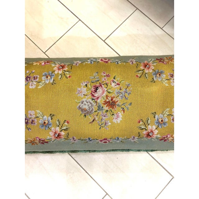 Antique, Extra-Long, Footstool, With Floral Needlepoint, Overstuffed Cushion, and Fluffy Trim, Hand Turned, Walnut Legs, Circa 1920’s For Sale - Image 4 of 8