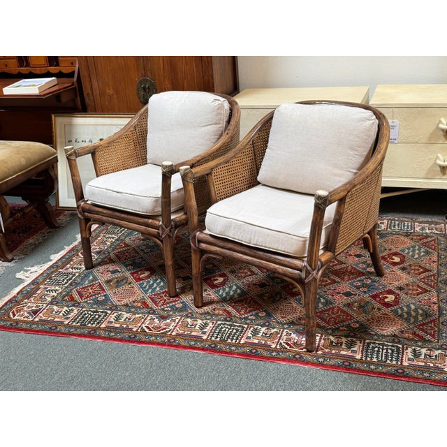 McGuire Furniture Vintage Barrel Rattan & Cane Lounge Armchairs, Pair For Sale - Image 11 of 14