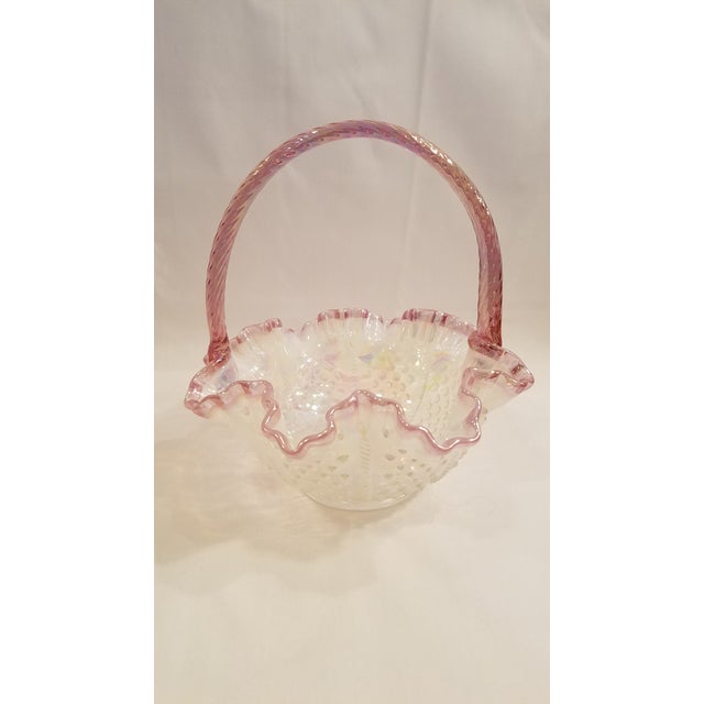 Vintage Fenton Art Glass Hobnail Basket With Pink Twisted Handle and