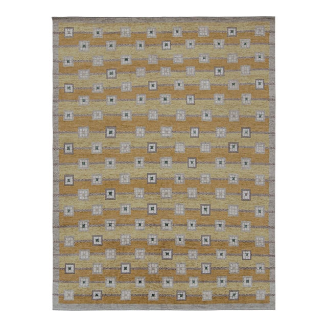 Rug & Kilim’s Scandinavian Style Custom Rug in Gold, Beige-Brown Geometric Patterns - 12x16 For Sale