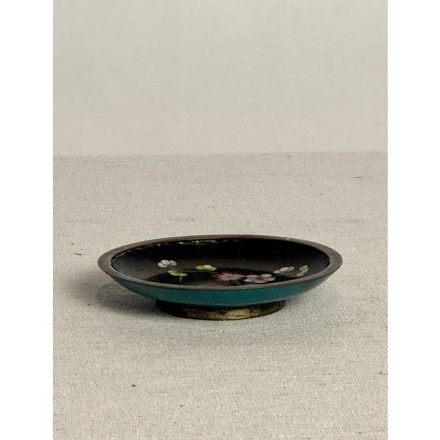 Vintage Chinese Enamel Dish with Flowers, 4 dia x .5 h, great patina