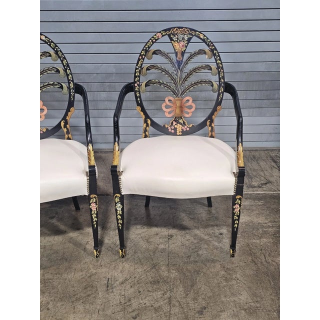 Hepplewhite Late 20th Century Pair of Karges Hepplewhite Plum Arm Chairs Ebonized, Carved Hand Painted Leather Fabric For Sale - Image 3 of 12