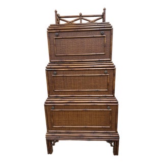 British Colonial Style Woven Rattan and Faux Bamboo Cabinet That Converts to a Secretary, C 1970's For Sale