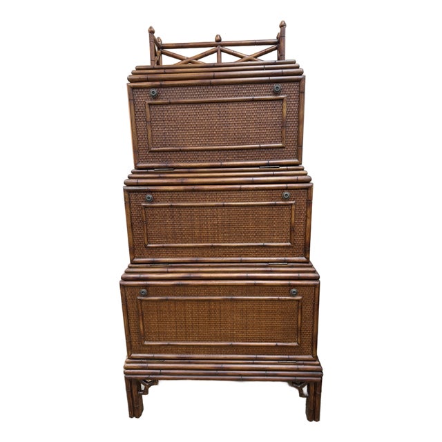 British Colonial Style Woven Rattan and Faux Bamboo Cabinet That Converts to a Secretary, C 1970's For Sale