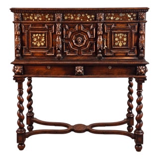 19th-C. English Carved Walnut & Mother-of-Pearl Barley Twist Cabinet on Stand For Sale
