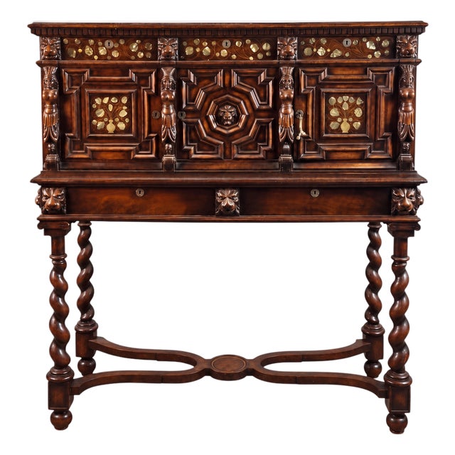 19th-C. English Carved Walnut & Mother-of-Pearl Barley Twist Cabinet on Stand For Sale