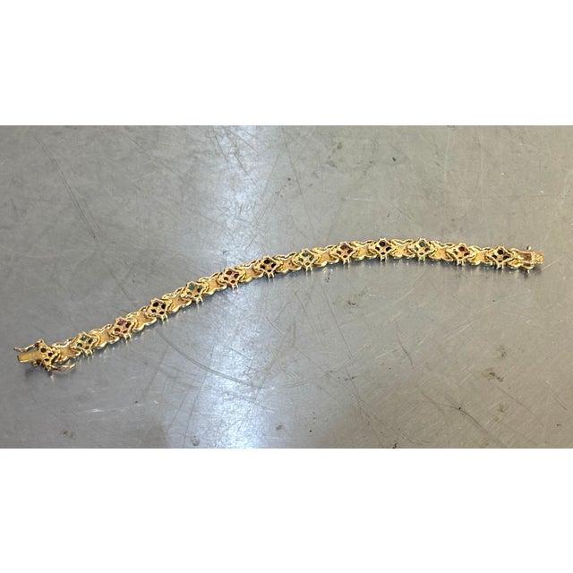 Mid-Century Modern Gold-Tone Sterling Silver Tennis Bracelet W/ Diamonds, Rubies & Emera For Sale - Image 3 of 6