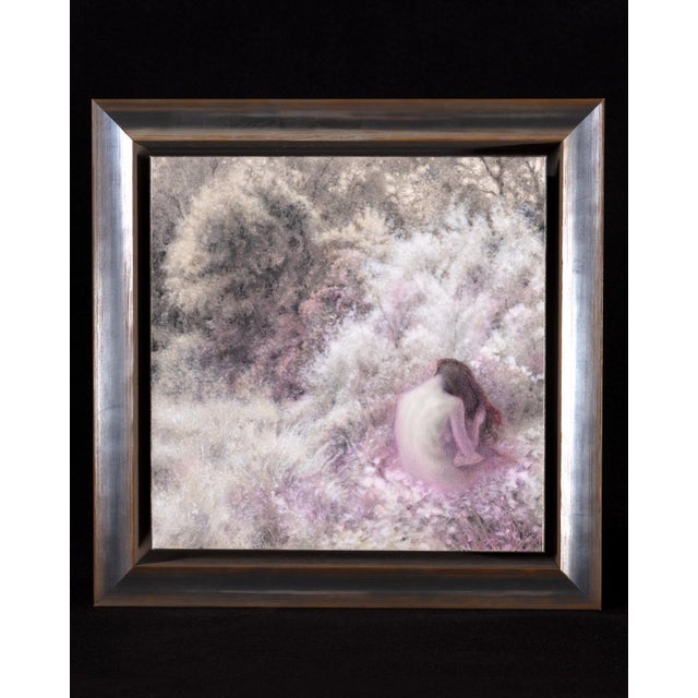 This artwork depicts a solitary figure nestled within a lush, ethereal landscape, surrounded by soft, blooming foliage....