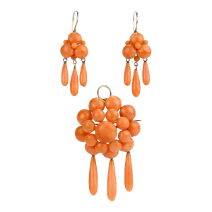 Antique Edwardian Gold and Coral Chandelier Pendant / Brooch & Earrings Set - Set of 3