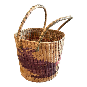 Late 20th Century Vintage Handmade Mexican Folk Art Woven Palm Basket With Handle