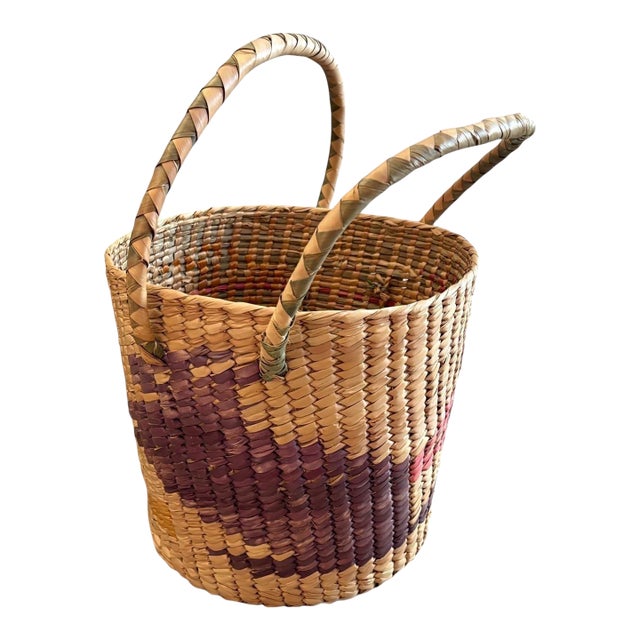 Mexican Folk Art Woven Palm Basket With Handle Late 20th Century Vintage Handmade For Sale