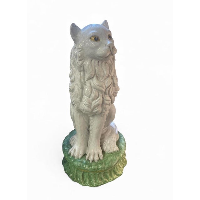 Vintage Italian Glazed Faience Seated Lion Dog Figure on Green Base For Sale - Image 4 of 7