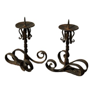 Vintage Wrought Iron Scrolling Candleholders, a Pair, Circa Mid-20th Century For Sale