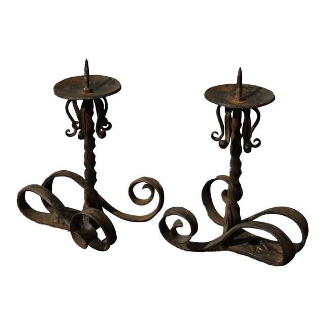 Vintage Wrought Iron Scrolling Candleholders, a Pair, Circa Mid-20th Century For Sale