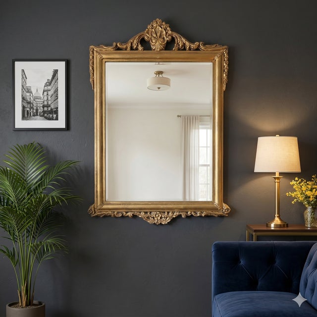 Antique Wall Mirror Gold Ornate Wood Shell Crest Design, Rectangular Mantel Entryway Early 1900's For Sale - Image 9 of 14