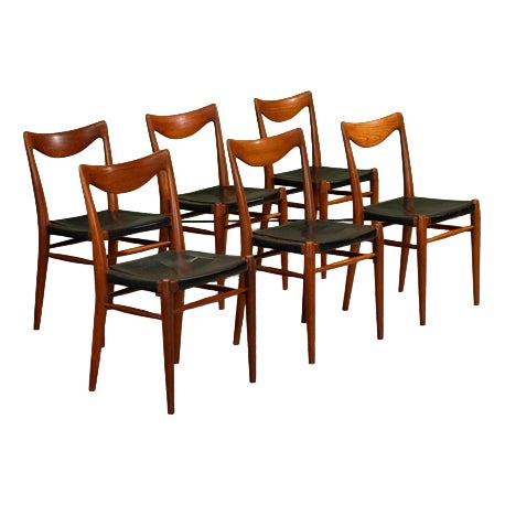 Bambi Dining Chairs in Teak and Black Leather by Rolf Rastad and Adolf Relling for Gustav Bahus, Norway, 1950s, Set of 6 For Sale