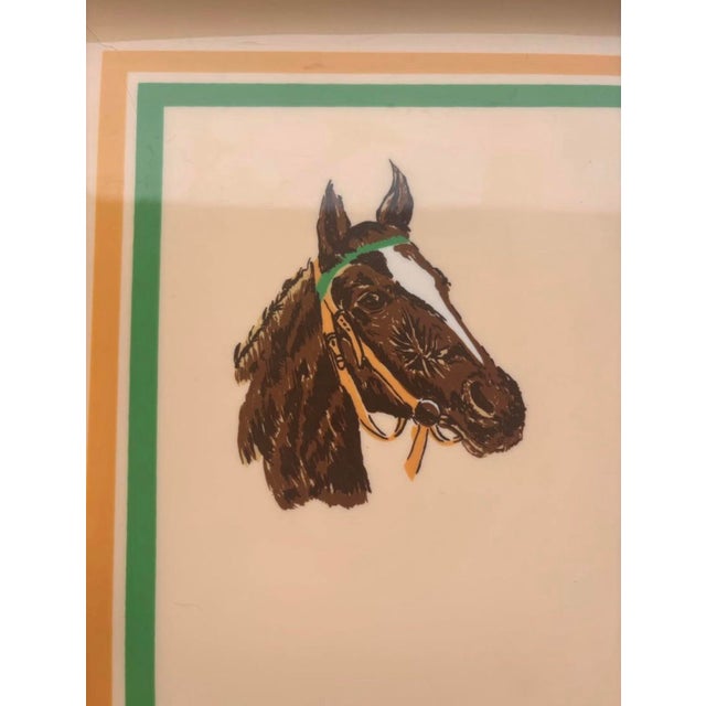 A striking vintage equestrian serving tray featuring a hand-rendered horse portrait framed by classic green and gold...