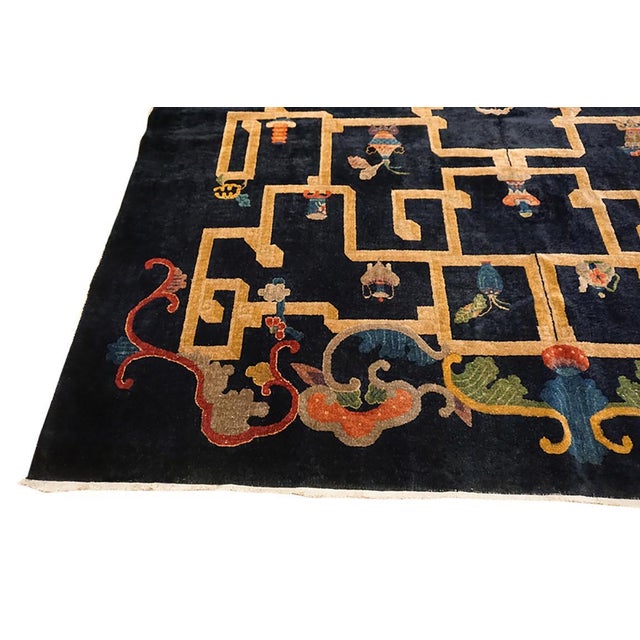 Special Shelf With Details of Chinese Culture in a Black Fiedl Antique Art Deco Rug For Sale In New York - Image 6 of 12