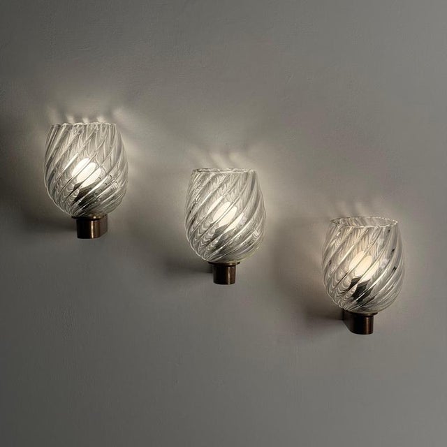 Spiral-Glass Wall Sconces attributed to Ercole Barovier for Barovier & Toso, 1940s, Set of 3 For Sale - Image 4 of 18