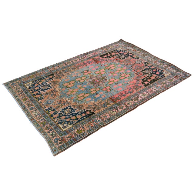 1920s Antique Bidjar Area Rug With Medallion in Soft Rose and Cerulean Blue 4x5 For Sale - Image 5 of 9