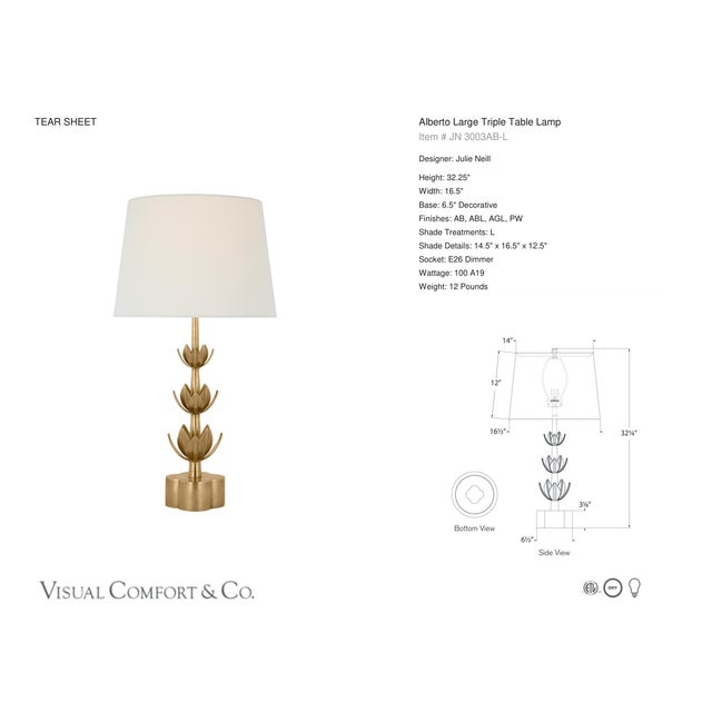 Julie Neill by Visual Comfort Signature Alberto Large Triple Table Lamp in Antique-Burnished Brass with Linen Shade...