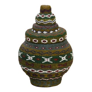 Vintage Colorful African Beaded Basket For Sale