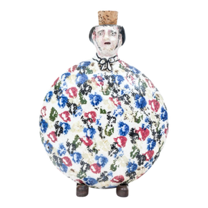 Antique Early 19th Century English Pearlware Character Flask in the Form of a Man or Clown Wearing Spatterware Clothes
