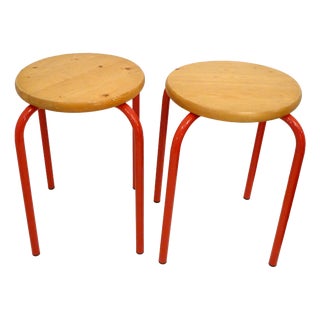 Scandinavian Stools in Wood and Red Lacquered Metal, 1980s, Set of 2 For Sale