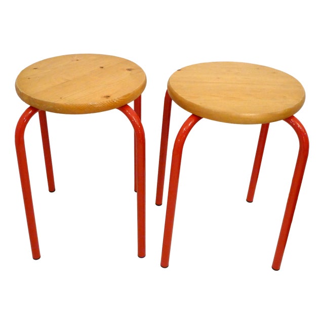 Scandinavian Stools in Wood and Red Lacquered Metal, 1980s, Set of 2 For Sale