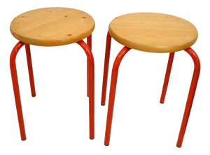 Scandinavian Stools in Wood and Red Lacquered Metal, 1980s, Set of 2