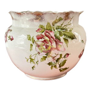 Antique Victorian Rose Transferware Jardinière Cachepot Planter Bowl - Pink Roses, Gold Gilt, Cottage Garden Decor