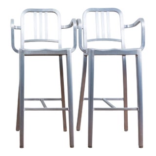 1990s Set of 2 Emeco Brushed Aluminum Bar Stools With Arms For Sale