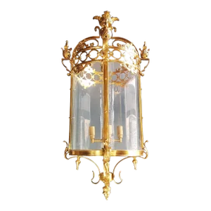 Early 21st Century Large Cylindrical Lantern in Louis XVI Style Brass Glass Pendant Lighting