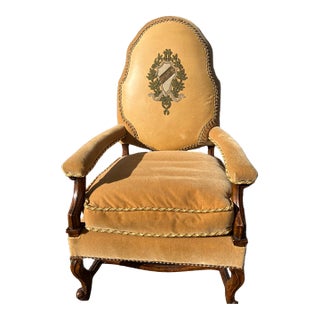 Vintage French Regence Gold Velvet Armchair With Embroidered Crest & Damask Back For Sale