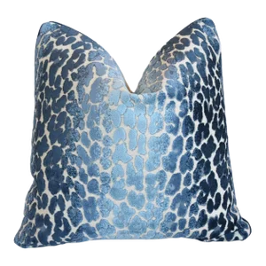 Designer Blue Animal Spot Velvet Feather/Down Pillow 21” Square