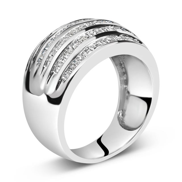 Contemporary Silver 1.0 Cttw Channel Set Baguette Diamond 6-Row Domed Cocktail Ring - Size 7.5 For Sale - Image 3 of 6