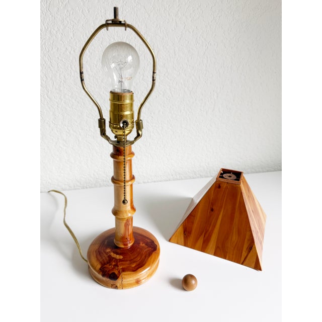 Brass Vintage Folk Art Wood Shade Table Lamp For Sale - Image 8 of 8