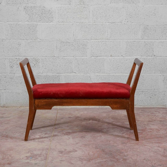 Small Wooden Bench Upholstered in Red Art Deco Velvet, 1940s For Sale - Image 3 of 18