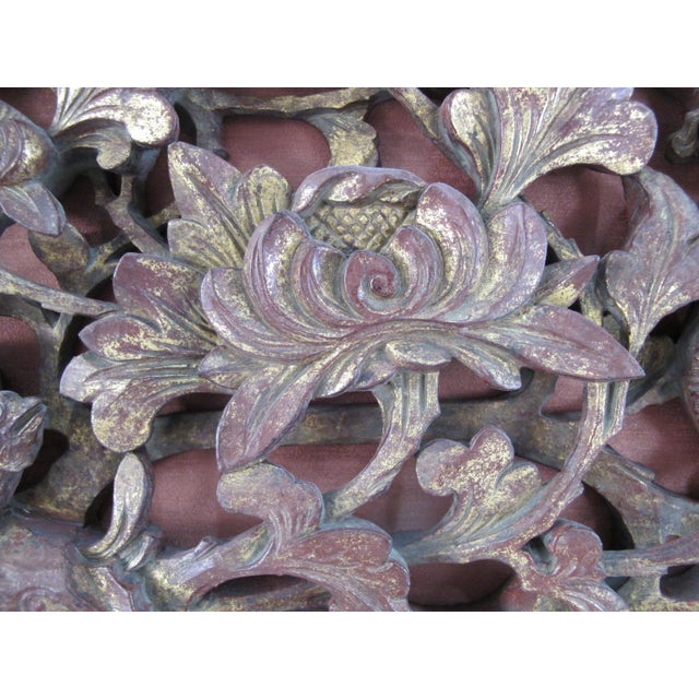 Late 19th Century Chinese Red Gold Gilt Pierced Carved Wood Lotus Flowers & 2 Birds Art Panel For Sale - Image 5 of 7