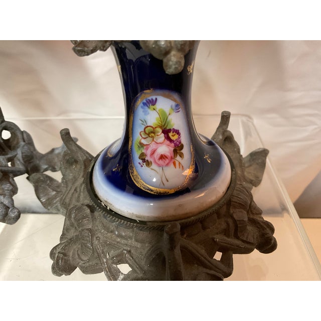 Victorian Mid 19th Century Victorian Iron & Porcelain With Gold Trim Candle Stands- Set of 2 For Sale - Image 3 of 9