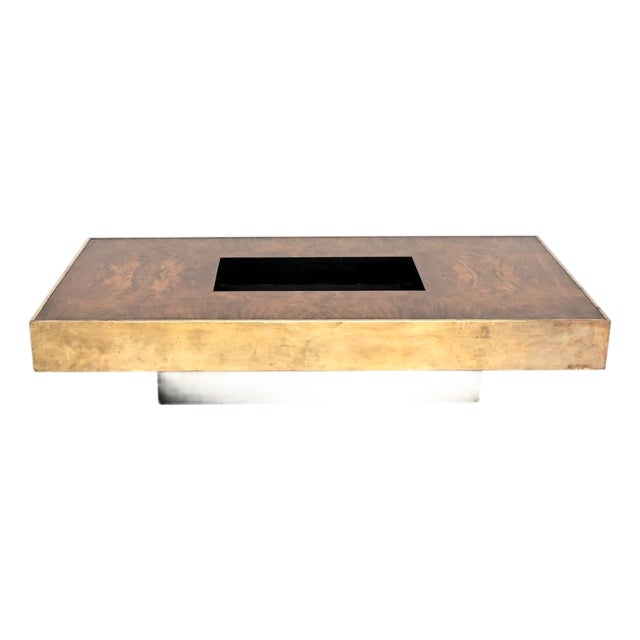 Vintage French Walnut and Brass Coffee Table, 1970s For Sale