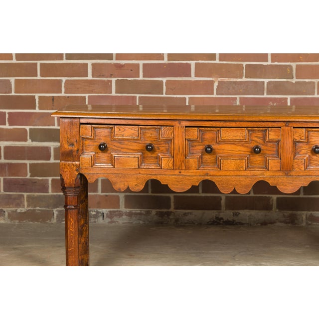 Wood English Oak 19th Century Geometric Front Dresser Base with Three Drawers For Sale - Image 7 of 12