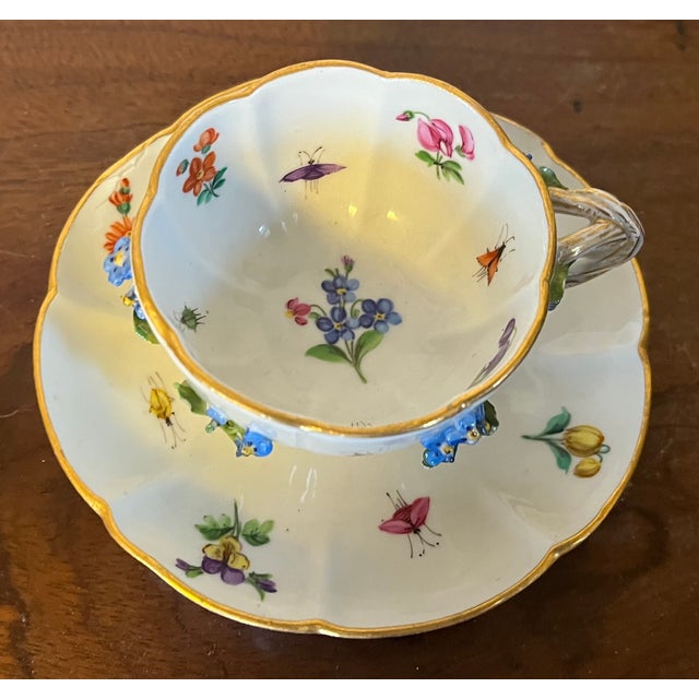 Rococo Antique Meissen Porcelain Tea Cup and Saucer With Applied Flowers and Hand Painted Insects For Sale - Image 3 of 15