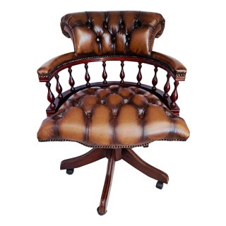Antique Style Chesterfield Swivel and Tilt Captain's Chair in Brown Buttoned Leather, 1990s For Sale