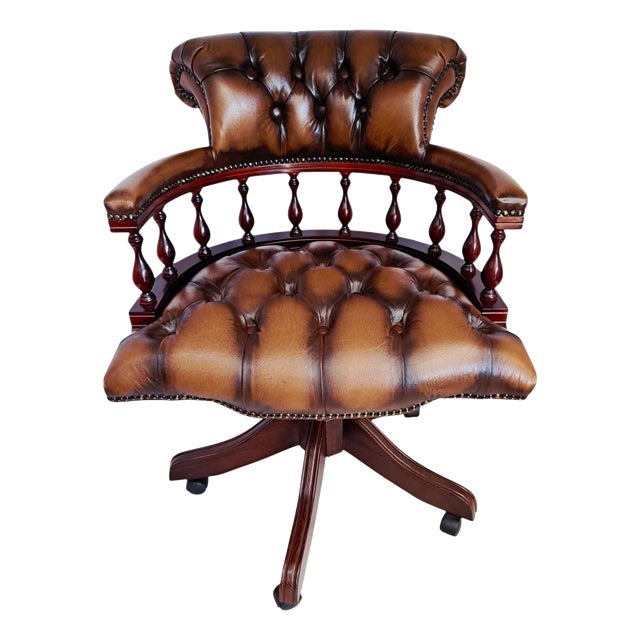 Antique Style Chesterfield Swivel and Tilt Captain's Chair in Brown Buttoned Leather, 1990s For Sale