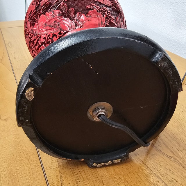 Mid 20th Century Mid-Century Chinese Hand-Carved Cinnabar Lacquer Table Lamps, Pair For Sale - Image 14 of 18