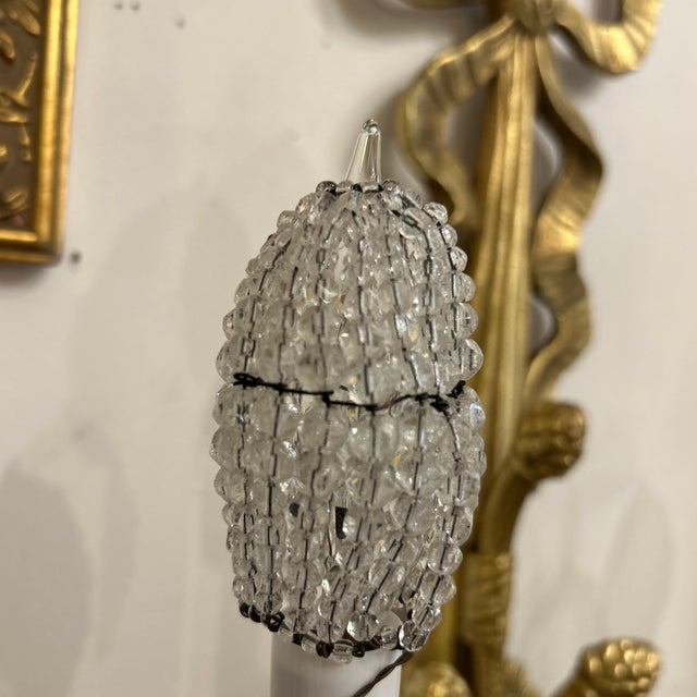 1960s Brass Finish Metal Ribbon and Tassel 3 Arm Wall Sconce With Glass For Sale - Image 5 of 10