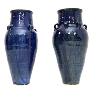 Large Blue Ceramic Floor Standing Vases, 1970s, Set of 2 For Sale